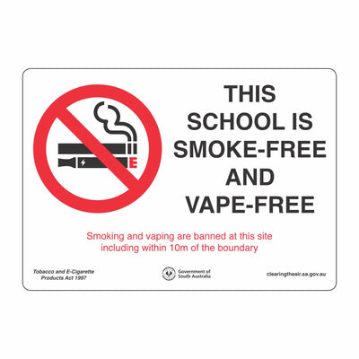 Smoke-free Vape-free school signage, no smoking area, outdoor metal sign