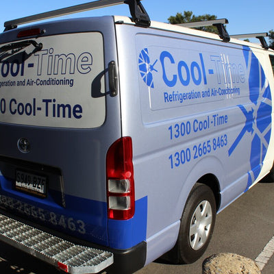 Vehicle wrap for business van with coloured vinyl and one-way vision on rear wndow