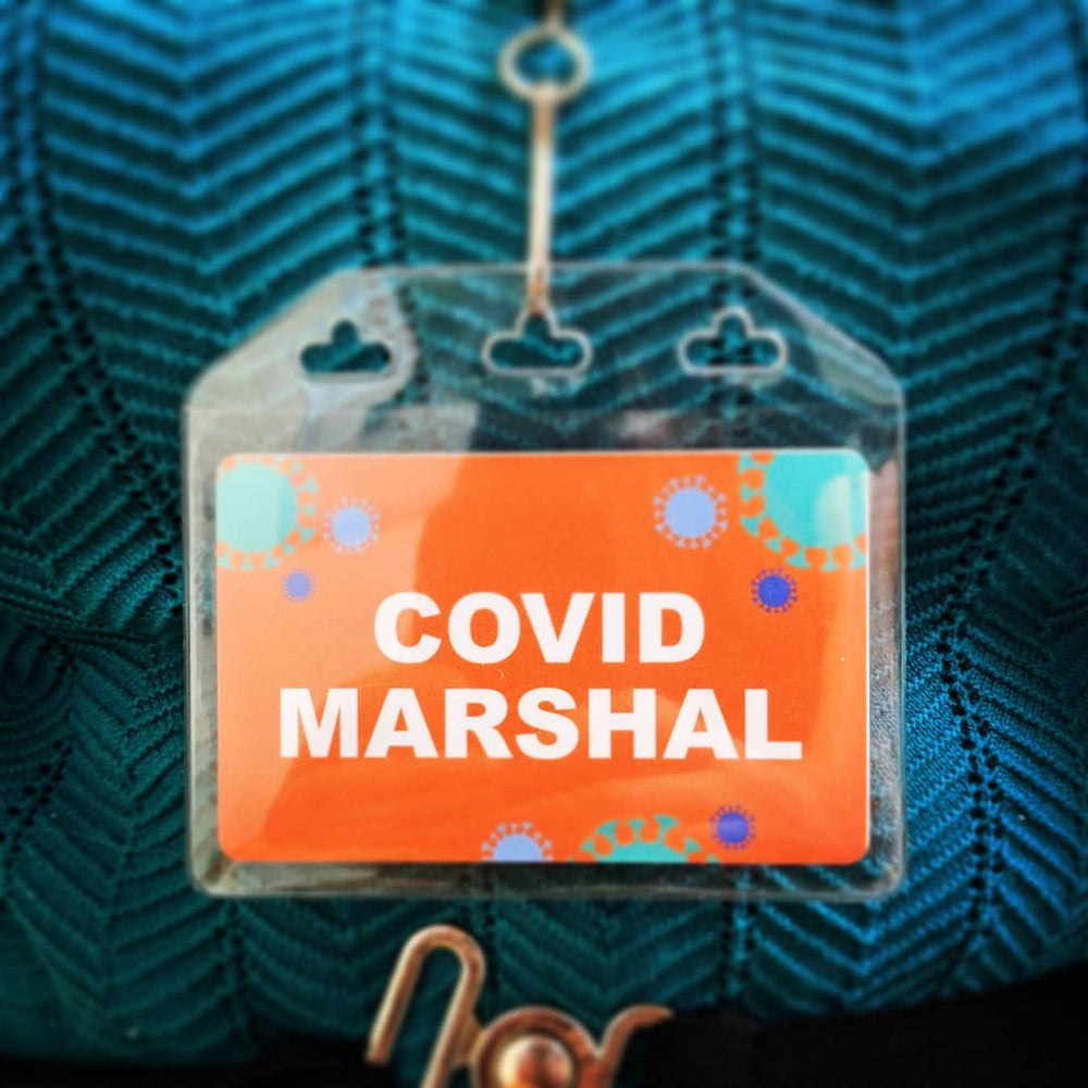 Safety badge, ID card with coloured print, soft holder and lanyard