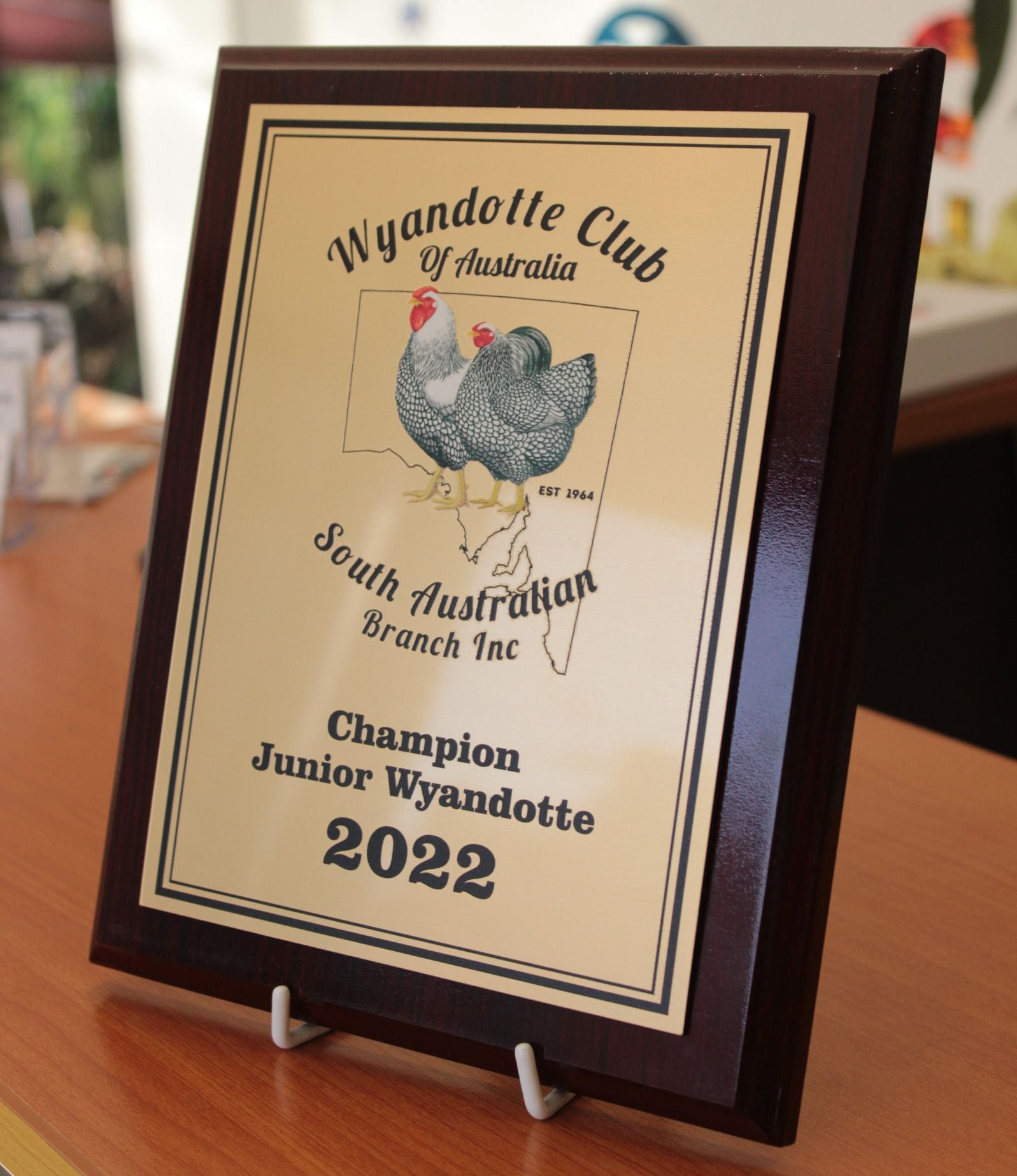 Affordable award plaque, engraved gold laminate on wood backing 