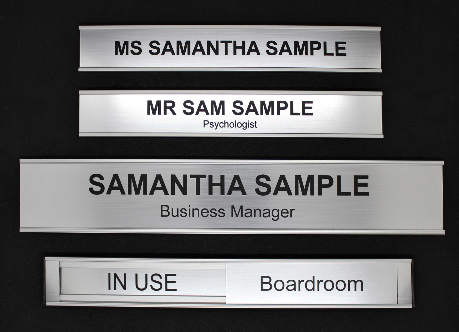 Door Plaques with Name Signs and Room Labels with sliding cover, engraved black text on silver 