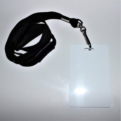 ID card, punched hole attachment and black lanyard with swivel clip
