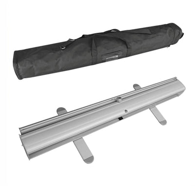 Base of the folded pull-up banner with flip out feet and carry bag