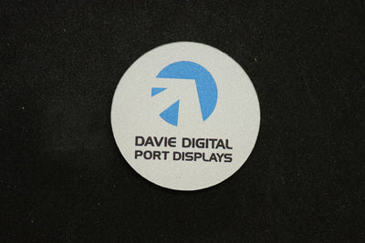 Sparkle silver plastic circle badge with logo and company name, in blue and black with many more colours available