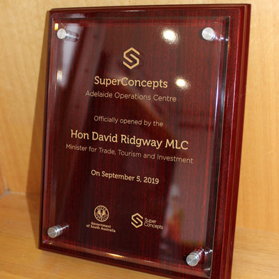 Premium UV printed acrylic plaque on redwood