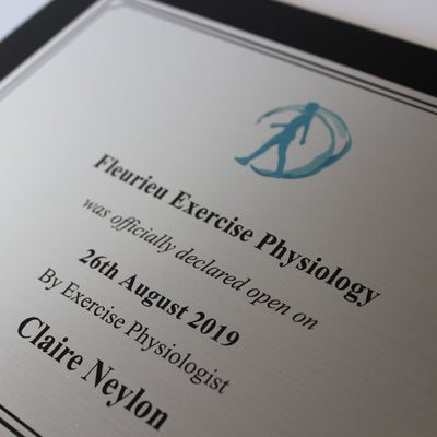 UV printed plastic plaque with brushed aluminium finish and full colour logo mounted on a black frame